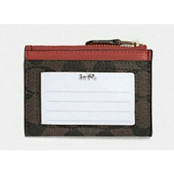 COACH Key Ring Coin ID Case Card Mini Skinny Wallet Canvas Red Brown 88208 New - Picture 2 of 2